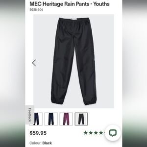 New MEC‎ Waterproof rain pants,kids youth size 14,black,unlined